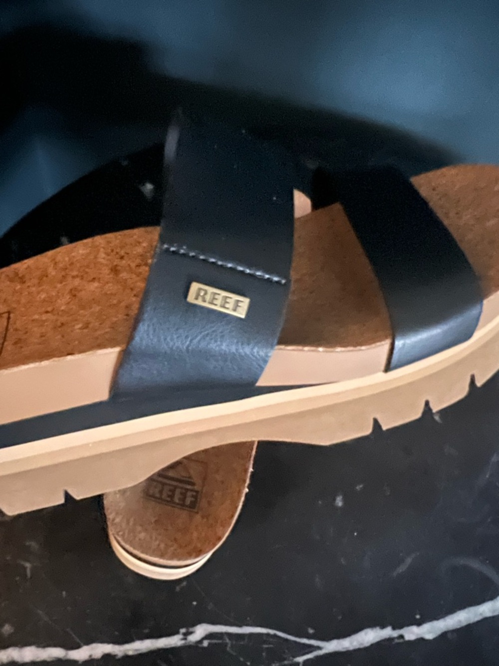 Reef Black Double-Strap Platform Sandals with Tan Sole - Picture 4 of 14